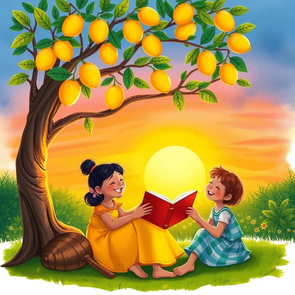 Mia telling a story to friends, sitting under the lemon tree, with a sunset sky, laughter and joy in the air, colorful, inviting atmosphere, vibrant illustration