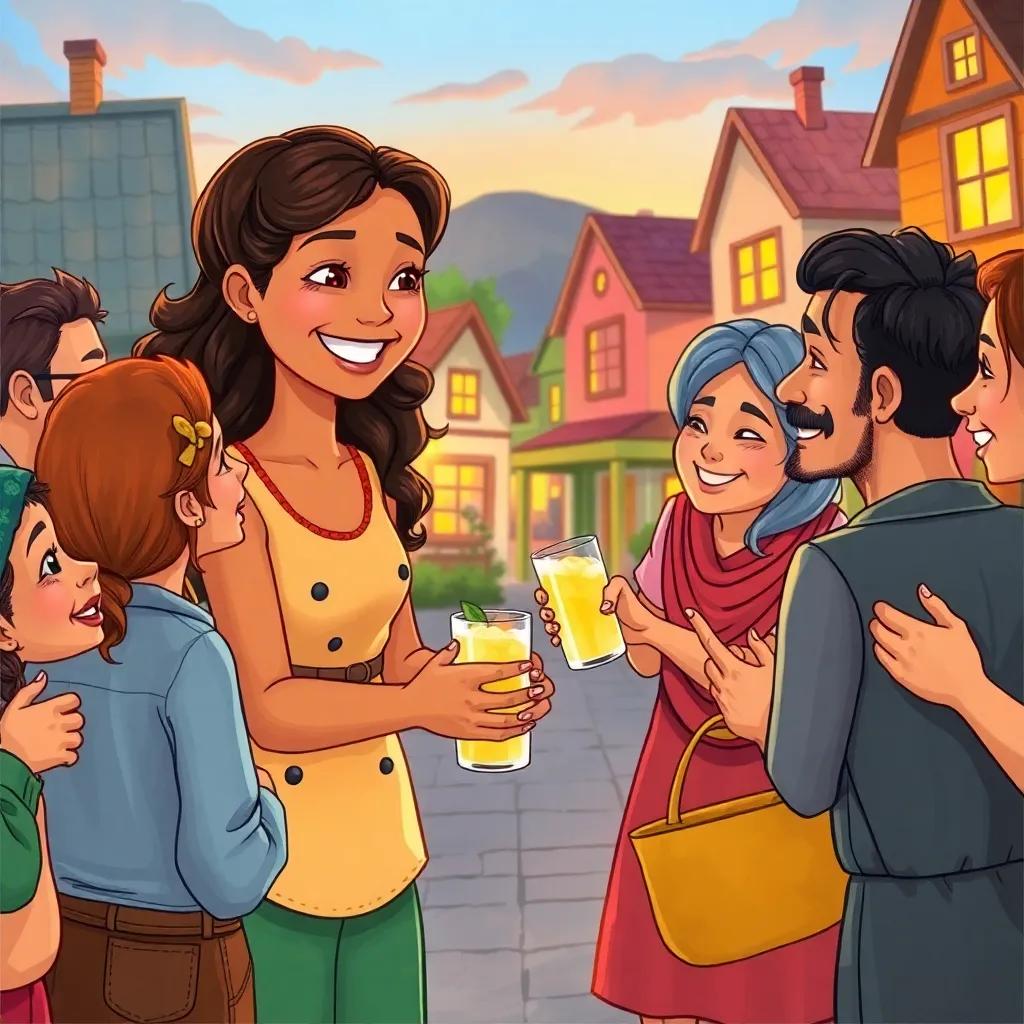 A happy scene of Mia handing lemonade to townsfolk, smiles all around, showcasing the joy of sharing, colorful town setting, warm evening light, detailed