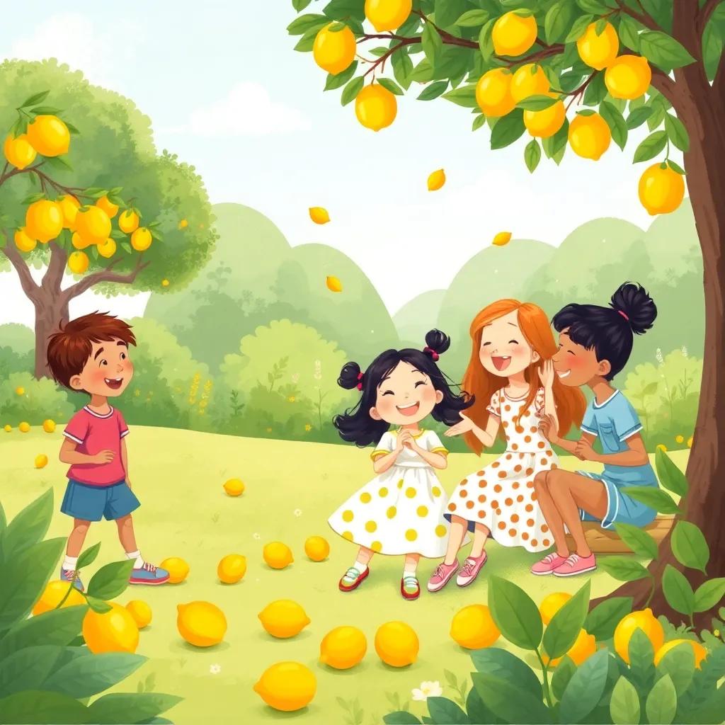 Mia and her friends playing together in the park, with lemons scattered around, laughter echoing, friendly atmosphere, vibrant garden, bright colors, child-friendly illustration