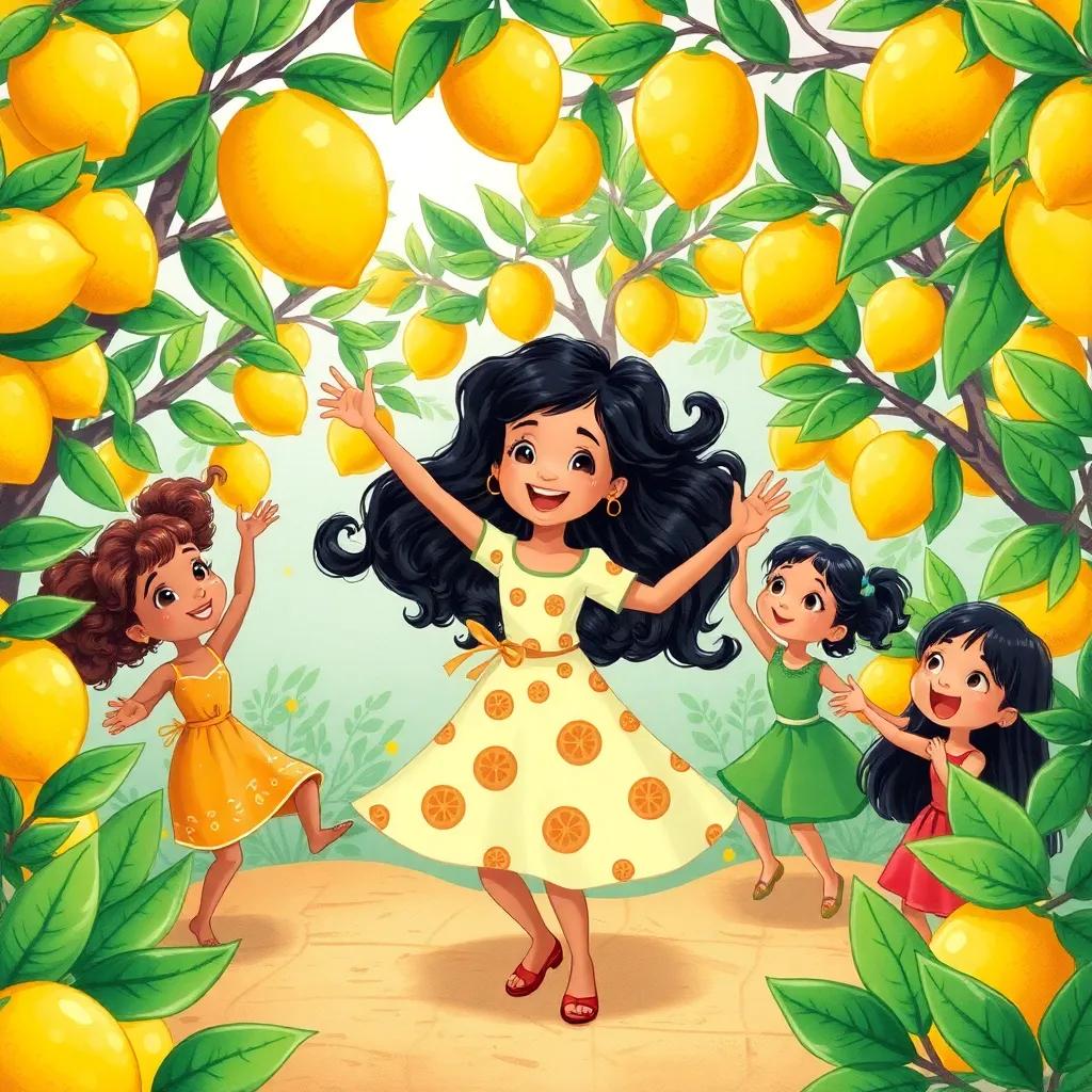 A whimsical scene of Mia and friends surrounded by lemon trees, creating a vibrant celebration with dancing and happiness, bright colors, uplifting mood, detailed