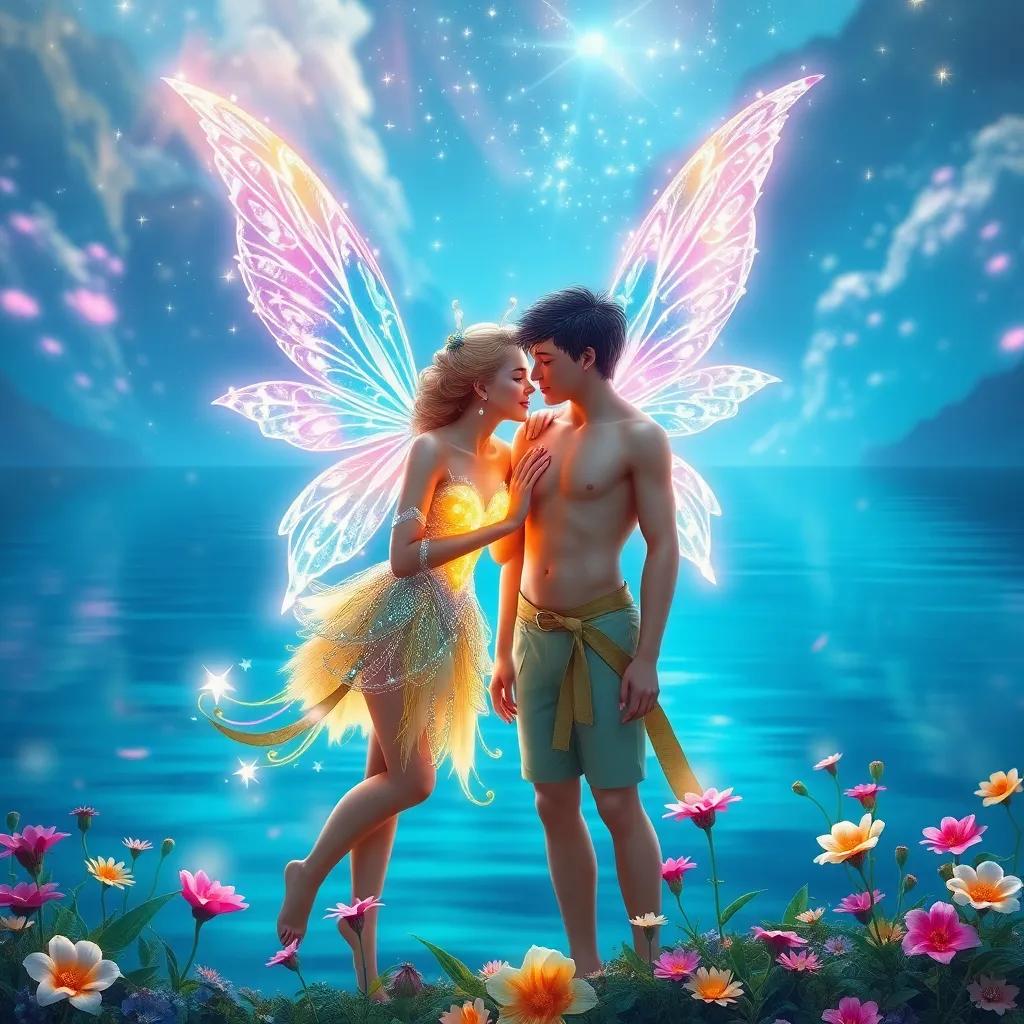 A sparkling fairy named Echo with glowing wings, calling out to a handsome young man Narcissus by a clear blue lake with beautiful flowers around, vibrant colors, magical atmosphere, detailed digital art