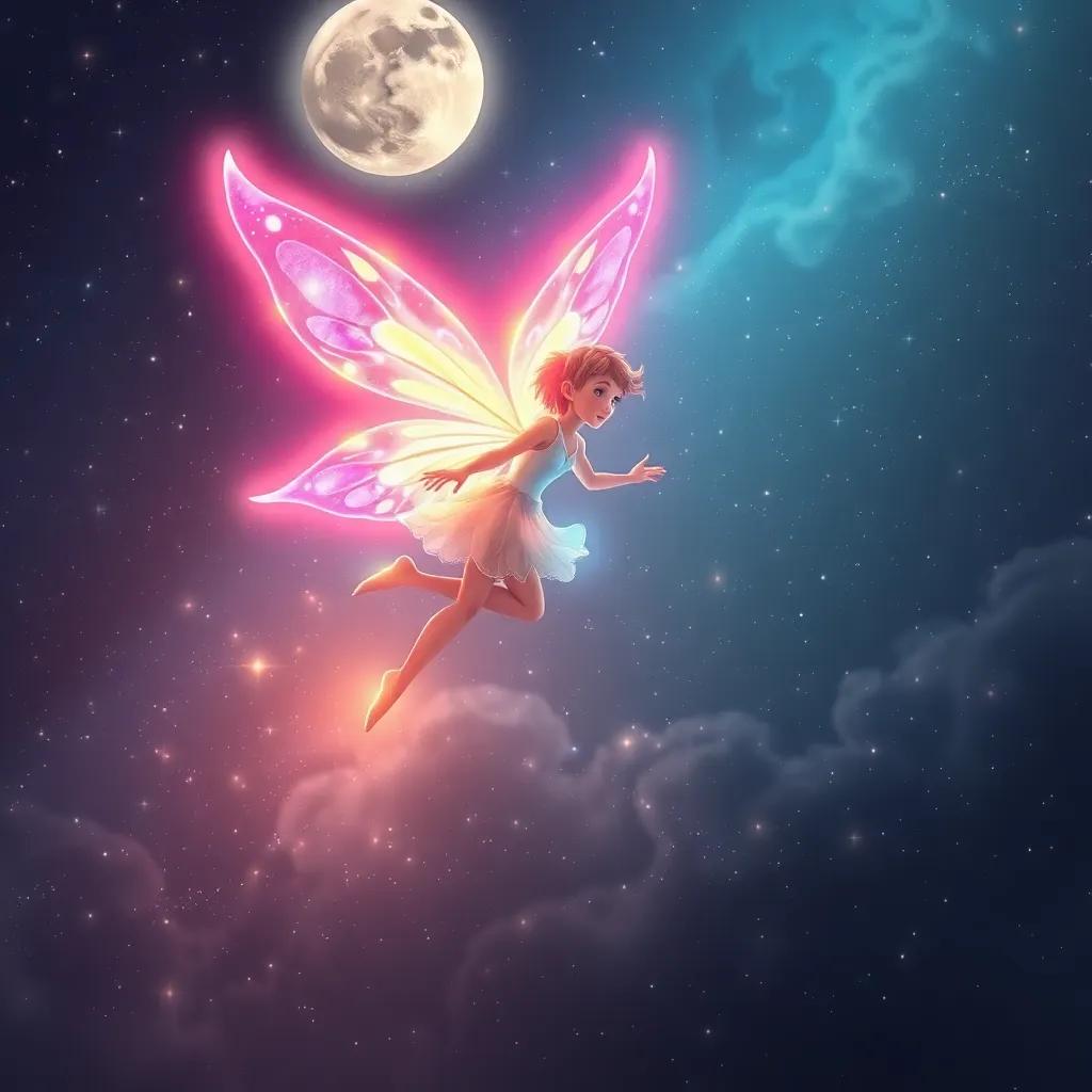 Echo the fairy, glowing brightly with colorful wings, soaring high into a starry night sky, surrounded by twinkling stars and a soft moonlight glow, inspirational, uplifting, fantasy art