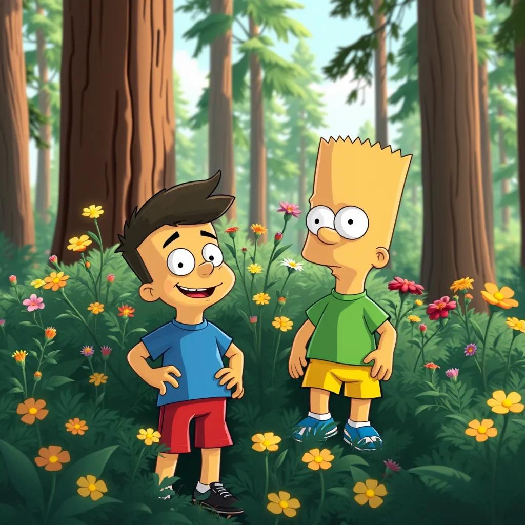 Eddie and Bart, with Eddie in a blue t-shirt and red shorts, and Bart wearing a green shirt and yellow shorts, exploring a bush with tall trees and colorful flowers, curious expressions, bright sunlight, friendly atmosphere, illustration