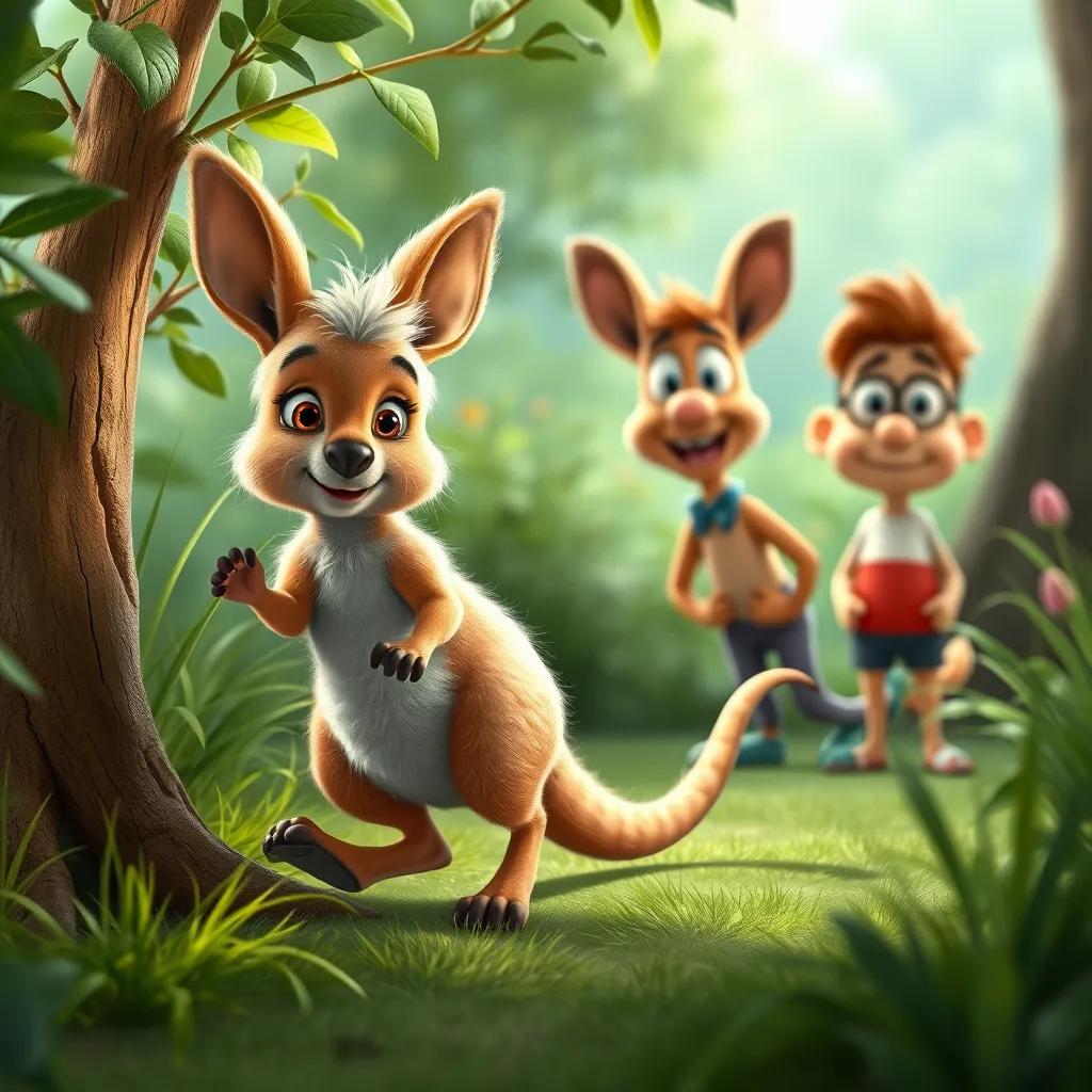 A fluffy little kangaroo, hopping curiously, with Eddie and Bart watching in amazement behind a bush, green scenery, playful environment, whimsical style, soft lighting, vibrant colors, animated style