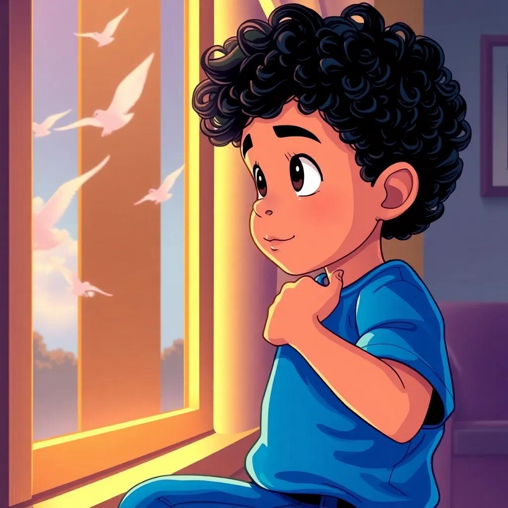 A young boy, Edine, around 8 years old, with curly black hair, wearing a bright blue shirt and jeans, looking out the window with birds in the sky, warm light, cozy home atmosphere, detailed digital art, inviting scene, high quality.