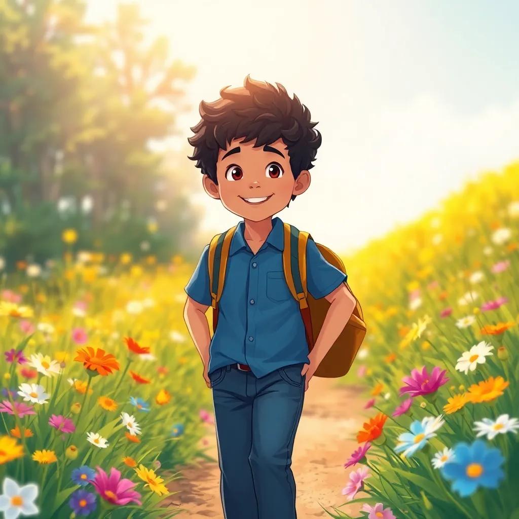A young boy, Edine, around 8 years old, with curly black hair, wearing a blue shirt and jeans, walking with a backpack through a meadow of colorful flowers, bright sunlight, cheerful mood, illustration, adventure-themed, child-friendly.