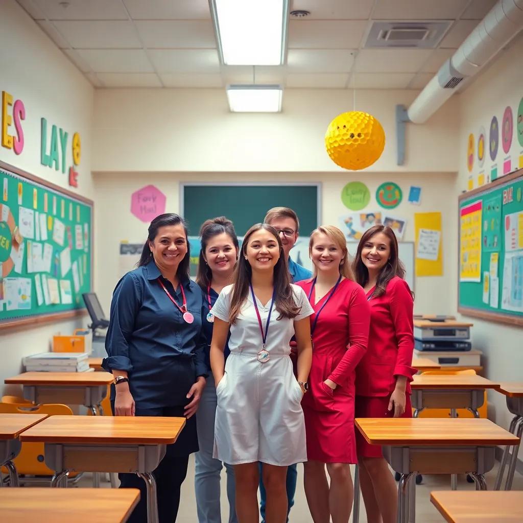 A group of teachers standing together in a bright classroom filled with colorful posters and cheerful decorations, smiling and looking excited, digital art, vibrant colors, optimistic atmosphere, high quality