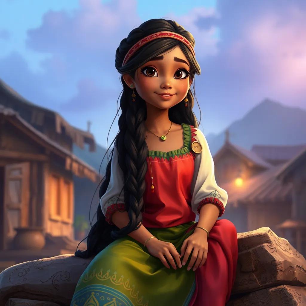 Amina, ein mutiges Mädchen mit langen, schwarzen Haaren, trägt ein buntes, traditionelles Kleid, sitzt in ihrem Dorf, fröhlich und nachdenklich, detaillierte digitale Kunst, helle Farben, einladende Atmosphäre, hohe Qualität