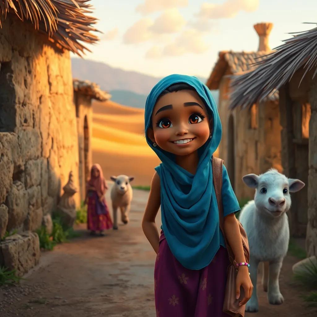 Amina auf dem Weg durch das Dorf, winkt ihren Nachbarn, die freundlich lächeln, im Hintergrund die Wüste sichtbar, farbenfrohes, detailreiches Bild, warmes Licht, kinderfreundlich, hohe Qualität