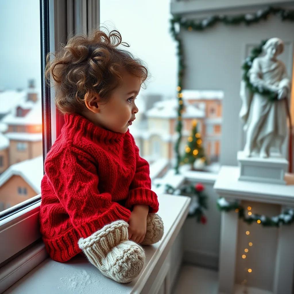 A curious 3-year-old girl, Emilia, with short, curly hair, wearing a cozy red sweater and fluffy socks, sitting on a window sill, observing snowy rooftops outside, winter atmosphere, warm light, festive decorations in the background, cheerful, inviting vibe