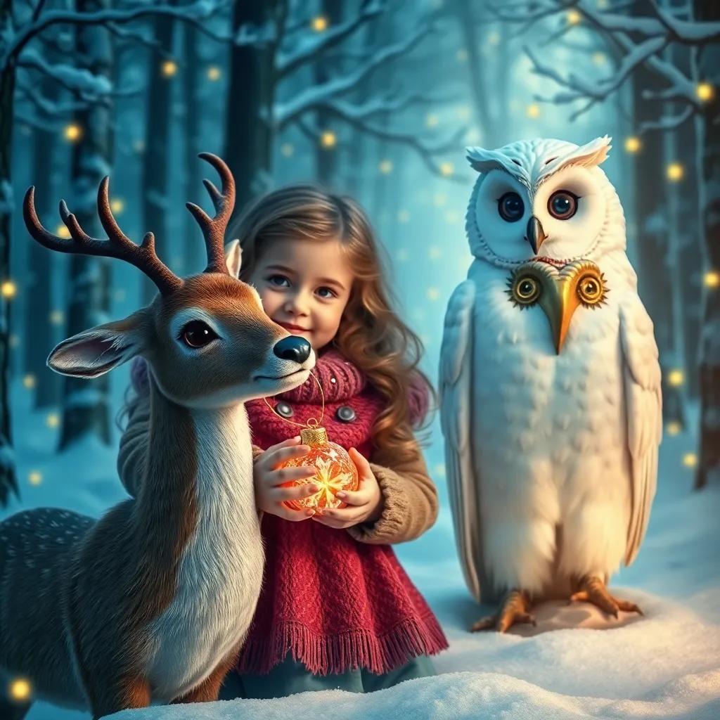 A magical forest scene with Emilia, a curious 3-year-old girl, holding a glowing ornament, standing next to a friendly deer with soft brown fur and big, gentle eyes, and a wise owl with large, sparkling eyes, all surrounded by snow-covered trees and twinkling lights, enchanted feeling, vivid colors, child-friendly