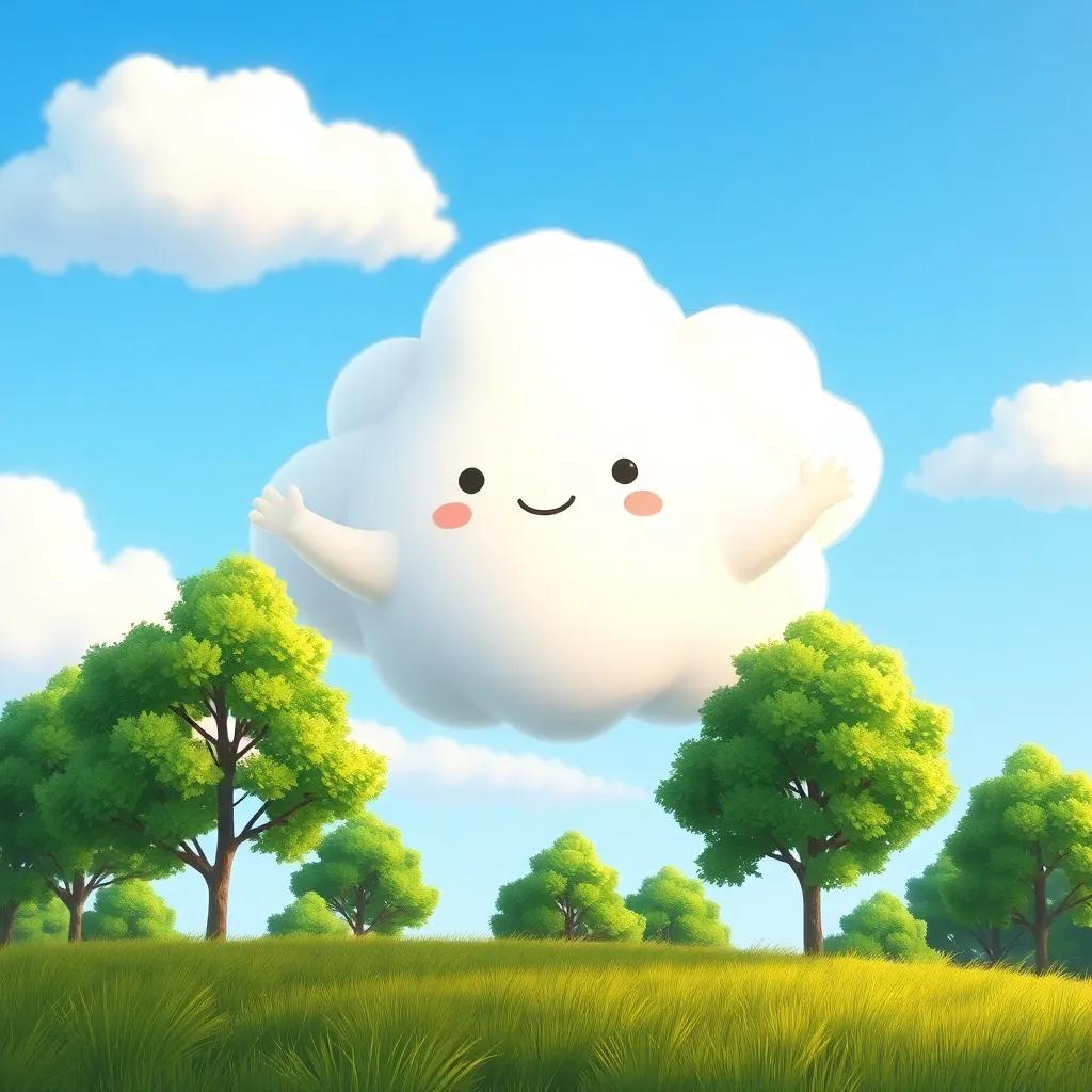 A fluffy white cloud, floating gently above green trees in a sunny field, extending its arms in a warm cloud hug to the trees, illustration, vibrant colors, friendly, warm light, high quality