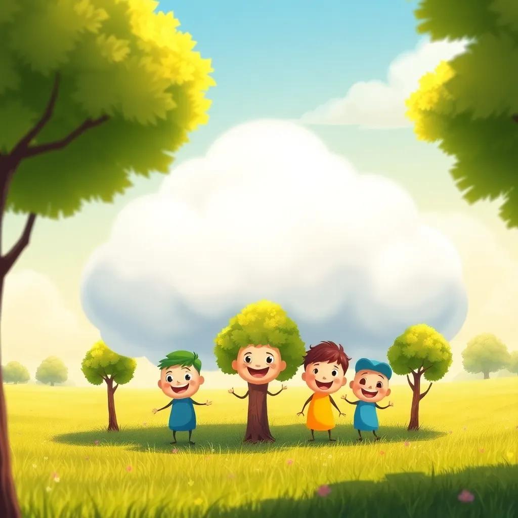 A fluffy white cloud gently embracing a group of trees in a sunny field, the trees looking joyful with smiles, colorful illustration, cheerful atmosphere, high quality