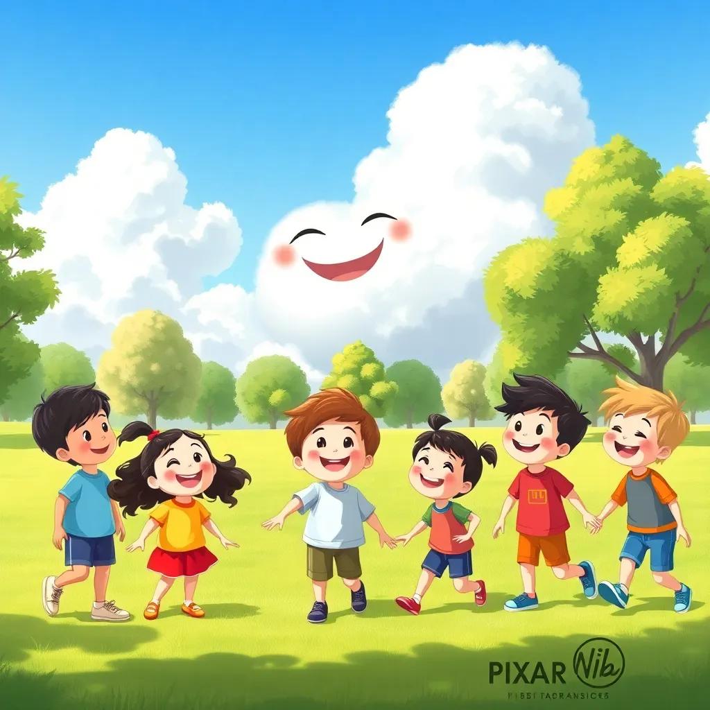 A fluffy white cloud joyfully looking down at a group of children playing in a park, with smiles on their faces, bright and sunny day, colorful illustration, child-friendly, high quality