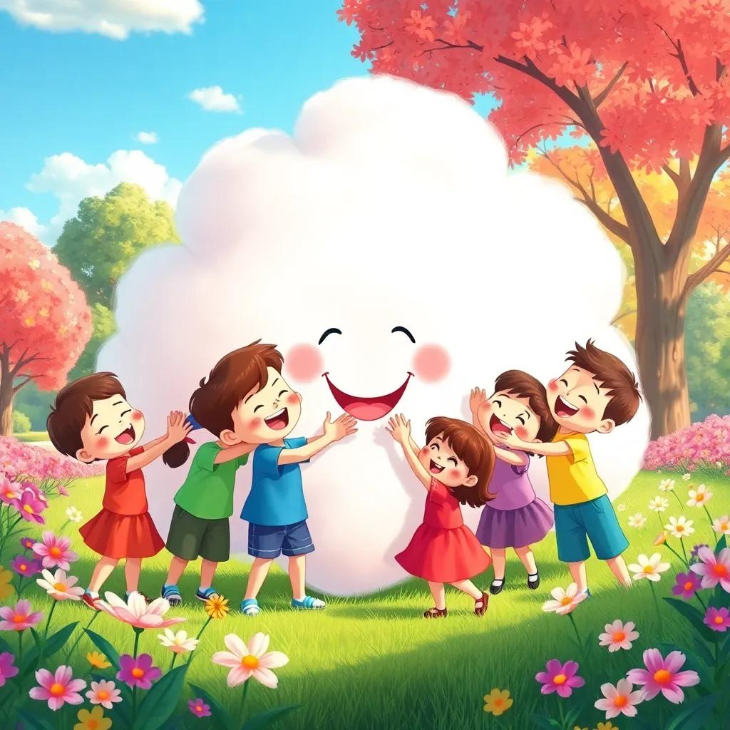 A fluffy white cloud surrounded by happy children, all laughing and playfully reaching out for a warm hug, in a beautiful park with flowers, colorful illustration, cheerful and vibrant, high quality