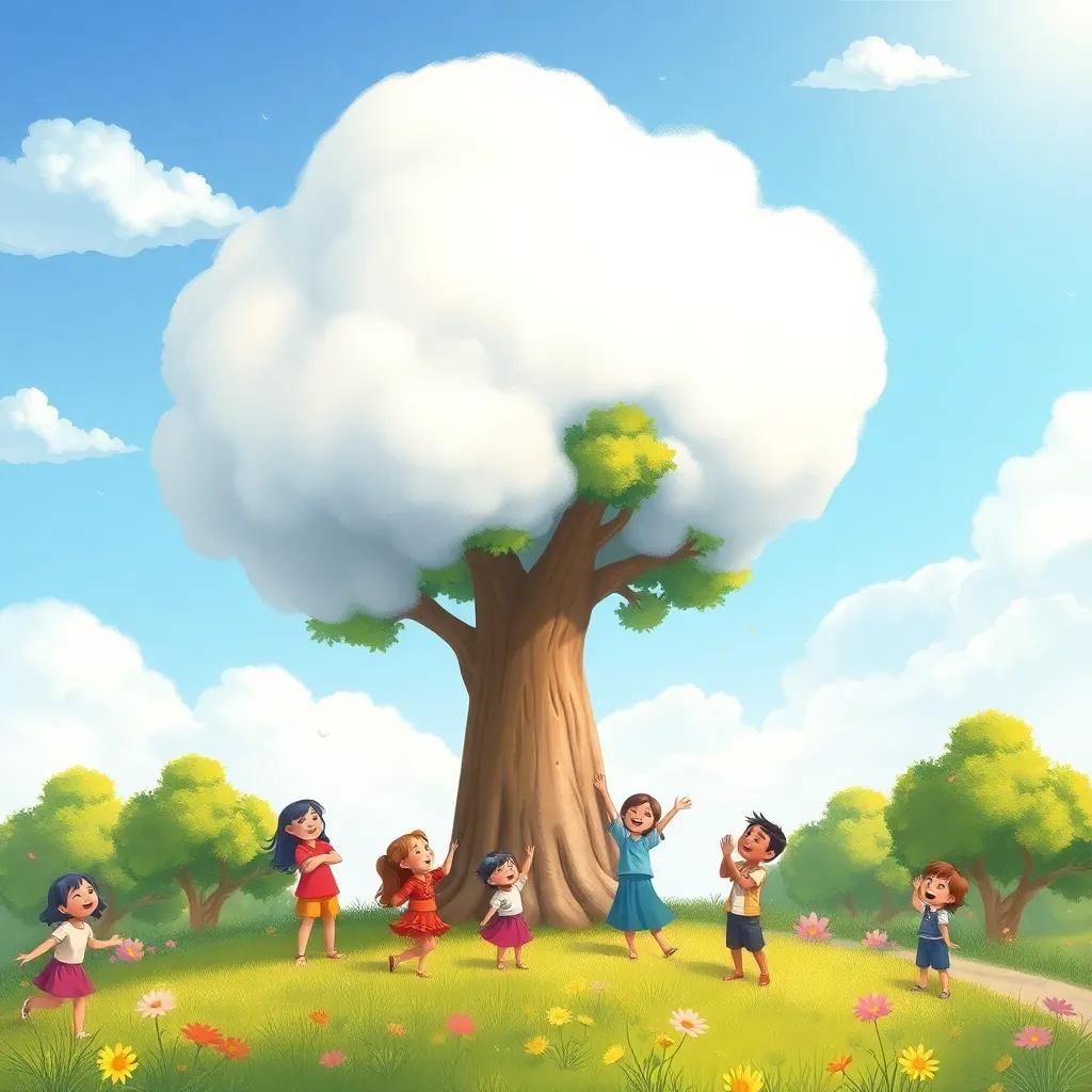 A fluffy white cloud hugging trees and children on a sunny day, everyone filled with joy and laughter, illustration, vibrant colors, happy atmosphere, high quality