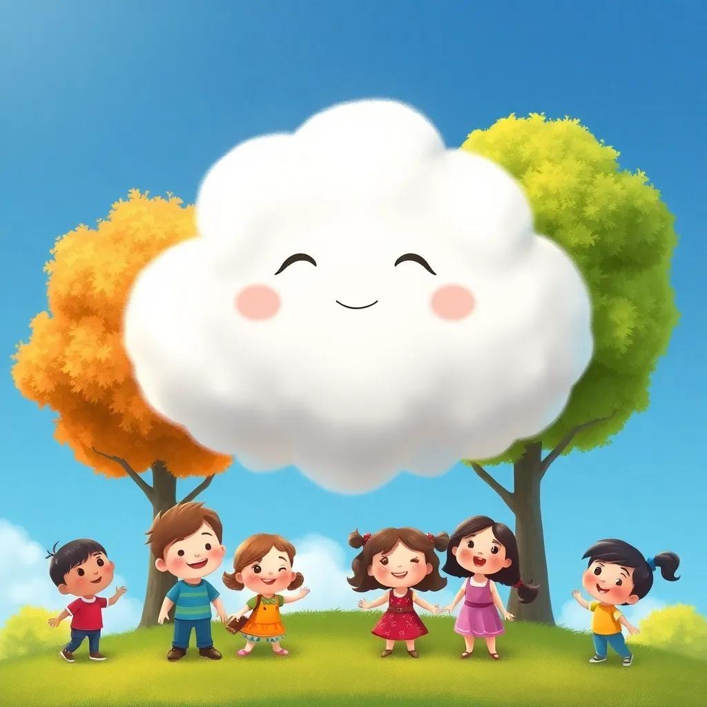 A fluffy white cloud smiling, surrounded by children and trees, all feeling the warmth of friendship, bright blue sky in the background, colorful illustration, child-friendly, high quality
