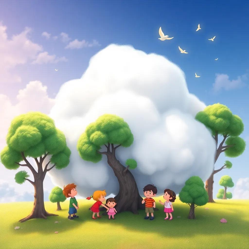 A fluffy white cloud, now full of friends, wrapping itself around its new friends, trees and children, creating a magical scene of friendship and happiness, vibrant illustration, cheerful atmosphere, high quality