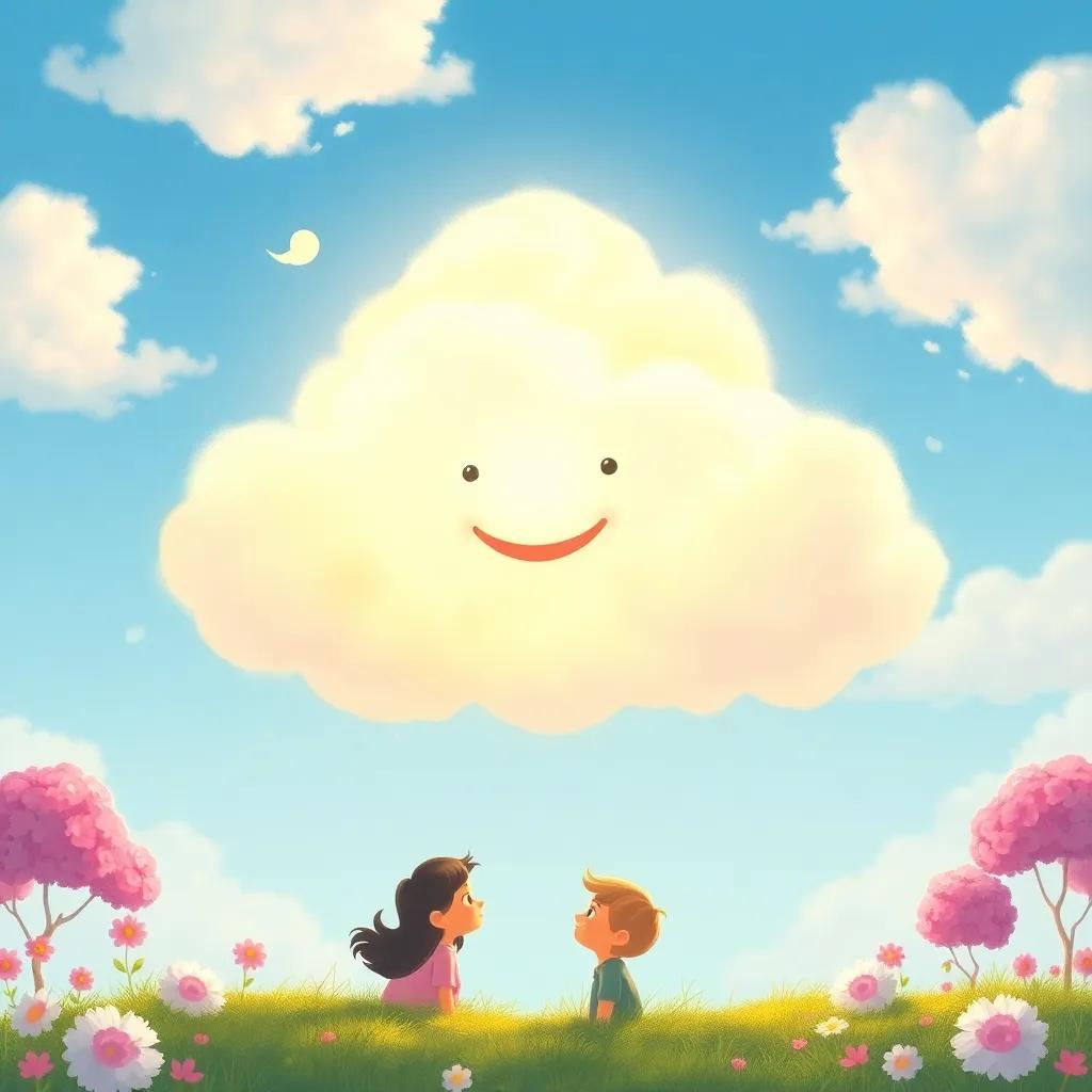 The fluffy white cloud glowing with happiness, with friends beneath it, creating a picturesque scene of warmth and love, bright colors, heartwarming illustration, high quality