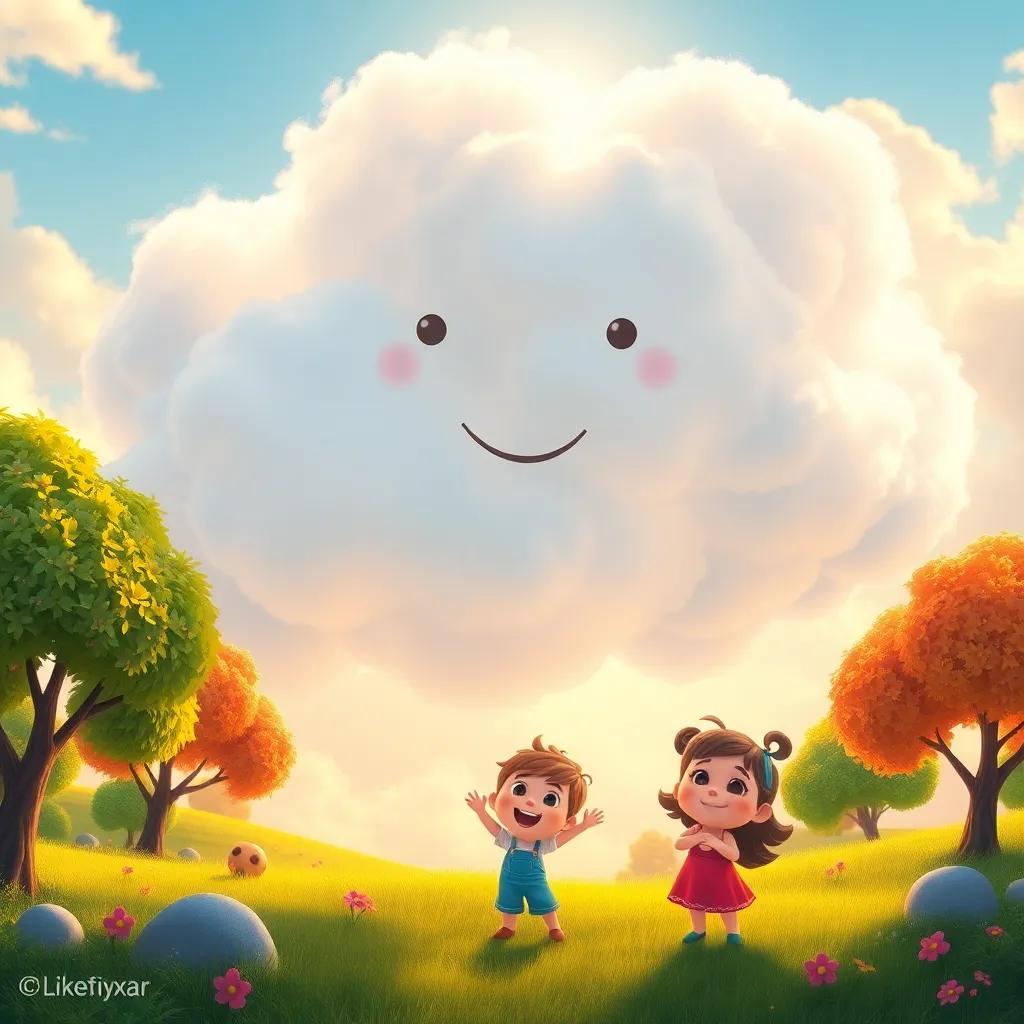 A fluffy white cloud, shining with joy, bringing love and warmth to everyone, colorful landscape with trees and children smiling, bright and cheerful, high quality