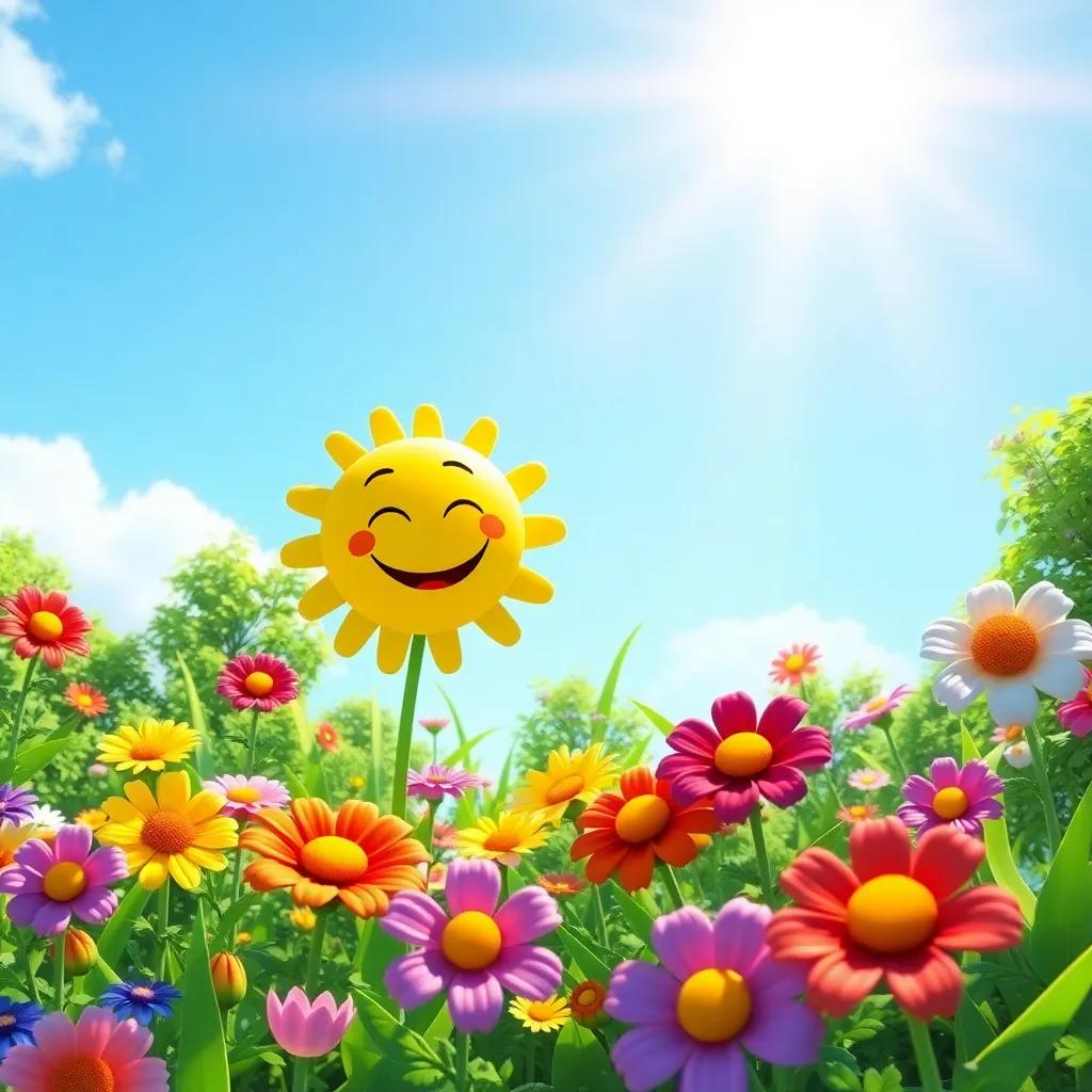 A bright sunny day with a smiling sun shining down on colorful flowers blooming in a lush green garden, vibrant colors, cheerful atmosphere, happy characters, digital art, high quality