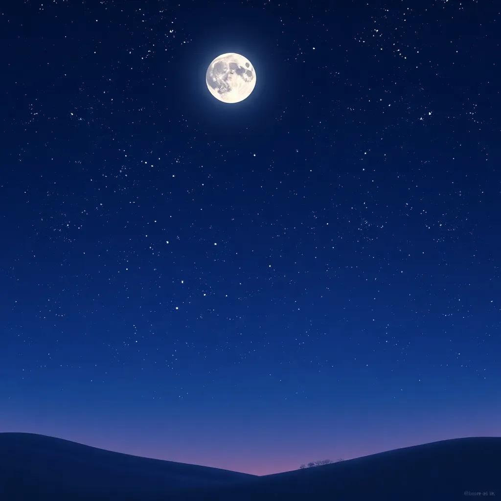 A beautiful night sky filled with twinkling stars and a glowing moon, casting a soft silver light over the nighttime landscape, peaceful and magical, serene atmosphere, illustration, high quality