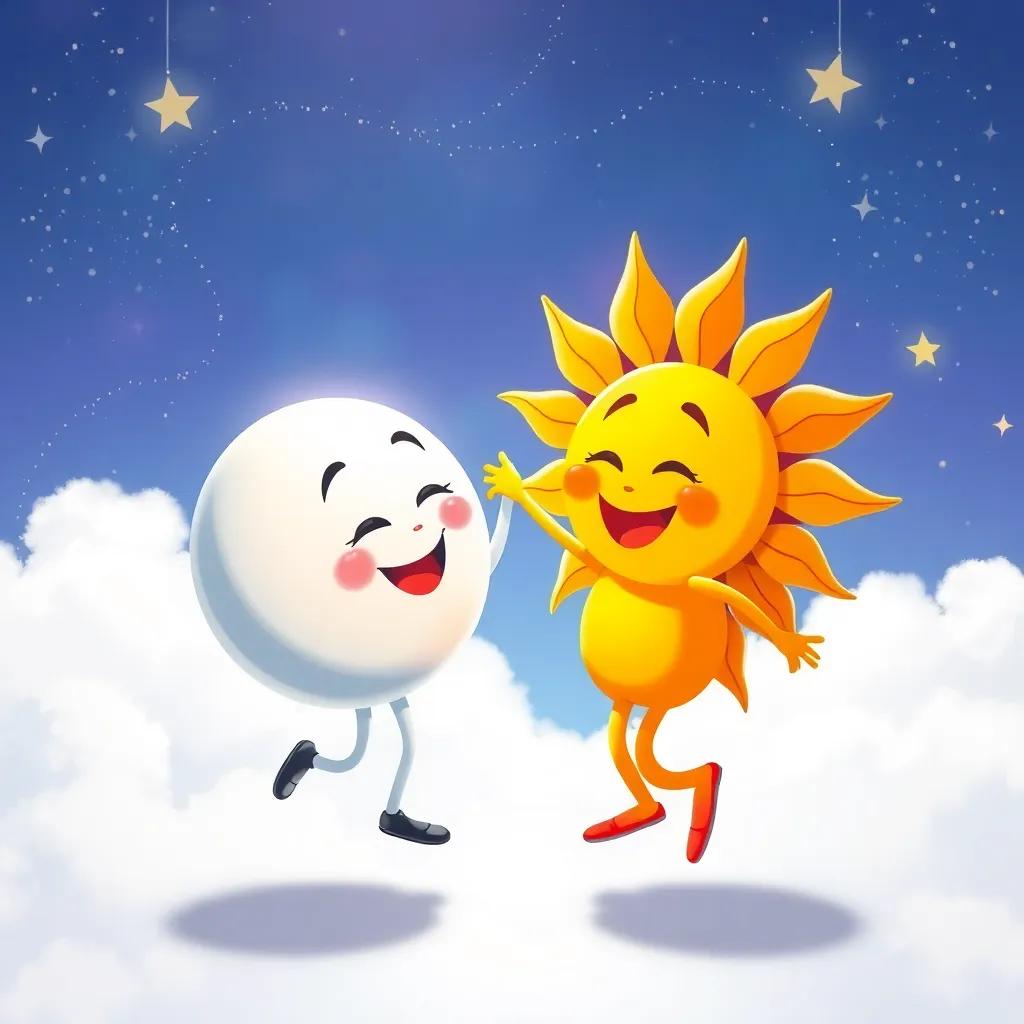 The sun and the moon, depicted as friendly characters, dancing together in the sky, surrounded by bright colors and sparkling stars, celebrating their differences, joyful scene, vibrant art style, high quality