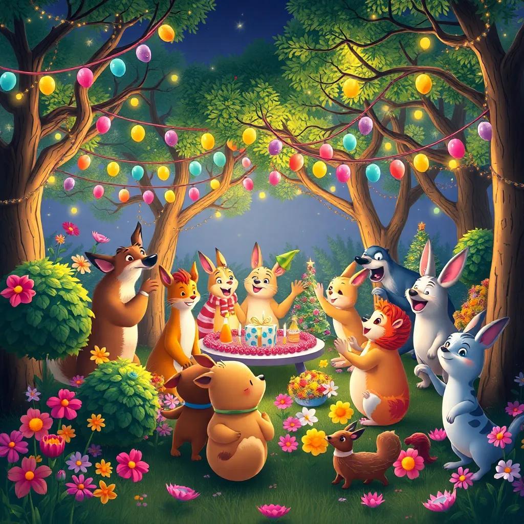 A festive gathering with animals, flowers, and trees all enjoying a lively party, with colorful decorations and fairy lights in the trees, joyful and colorful, party atmosphere, illustration, high quality