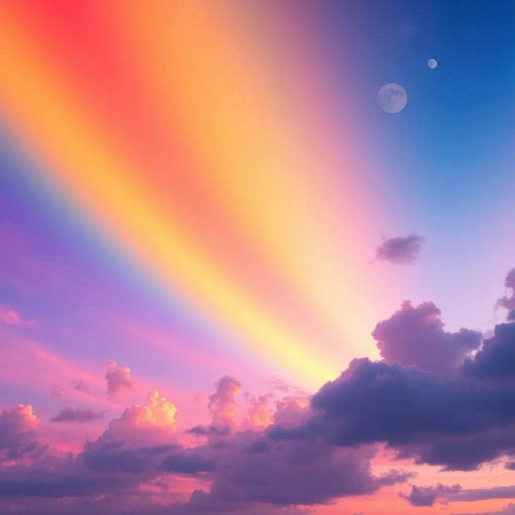 A stunning sky merging colors from day to night, with a rainbow of bright colors blending into dark blues and purples, symbolizing unity and celebration, magical view, dreamy art style, high quality