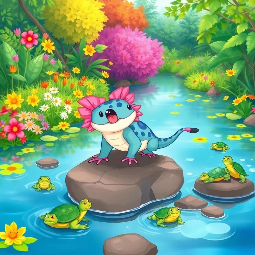 A vibrant lake with lush greenery and colorful flowers, Axolito the axolotl, a cheerful amphibian with pink frilly gills, hopping on rocks, surrounded by frogs and turtles, digital art, cheerful atmosphere, bright colors, nature-friendly, high quality