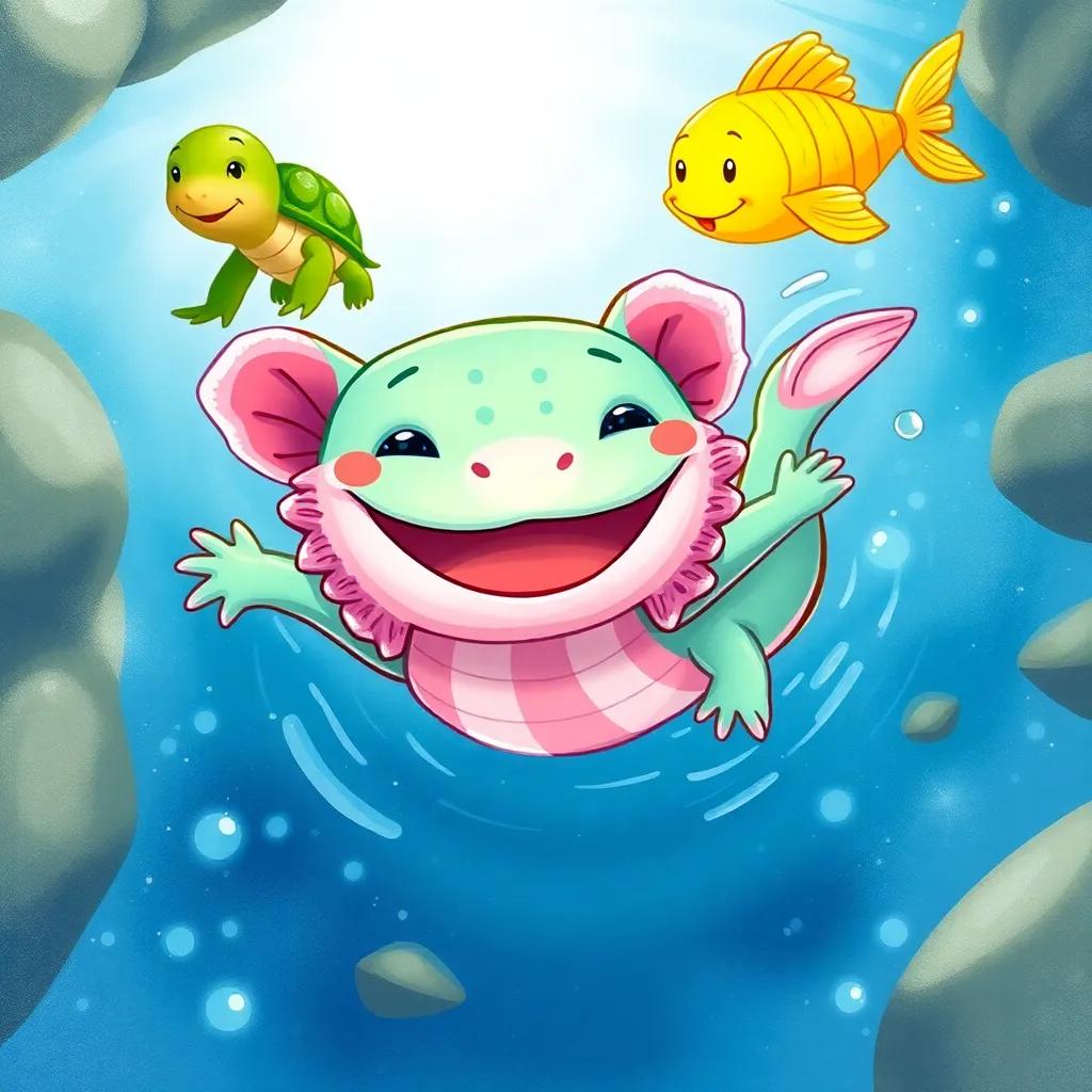 Axolito the axolotl, a cheerful amphibian with pink frilly gills, swimming with friends Tina the turtle, a green turtle with a shiny shell, and Paco the golden fish, in a sparkling stream with light reflecting off the water, illustration, joyful teamwork scene, vibrant colors, adventure, high quality
