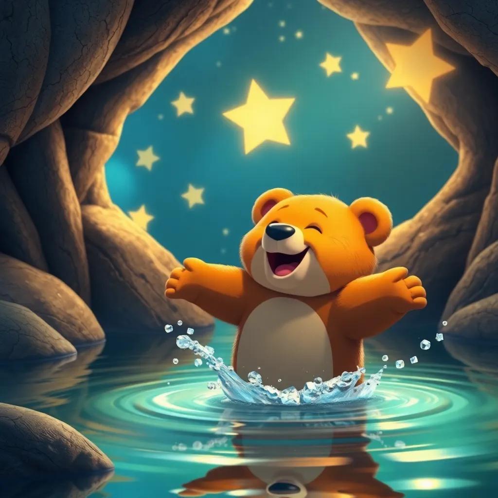 Tico, un oso de peluche marrón, saltando del estante con una gran sonrisa, en una habitación mágica con estrellas brillantes en el fondo, digital art, colores vibrantes, alegre, alta calidad