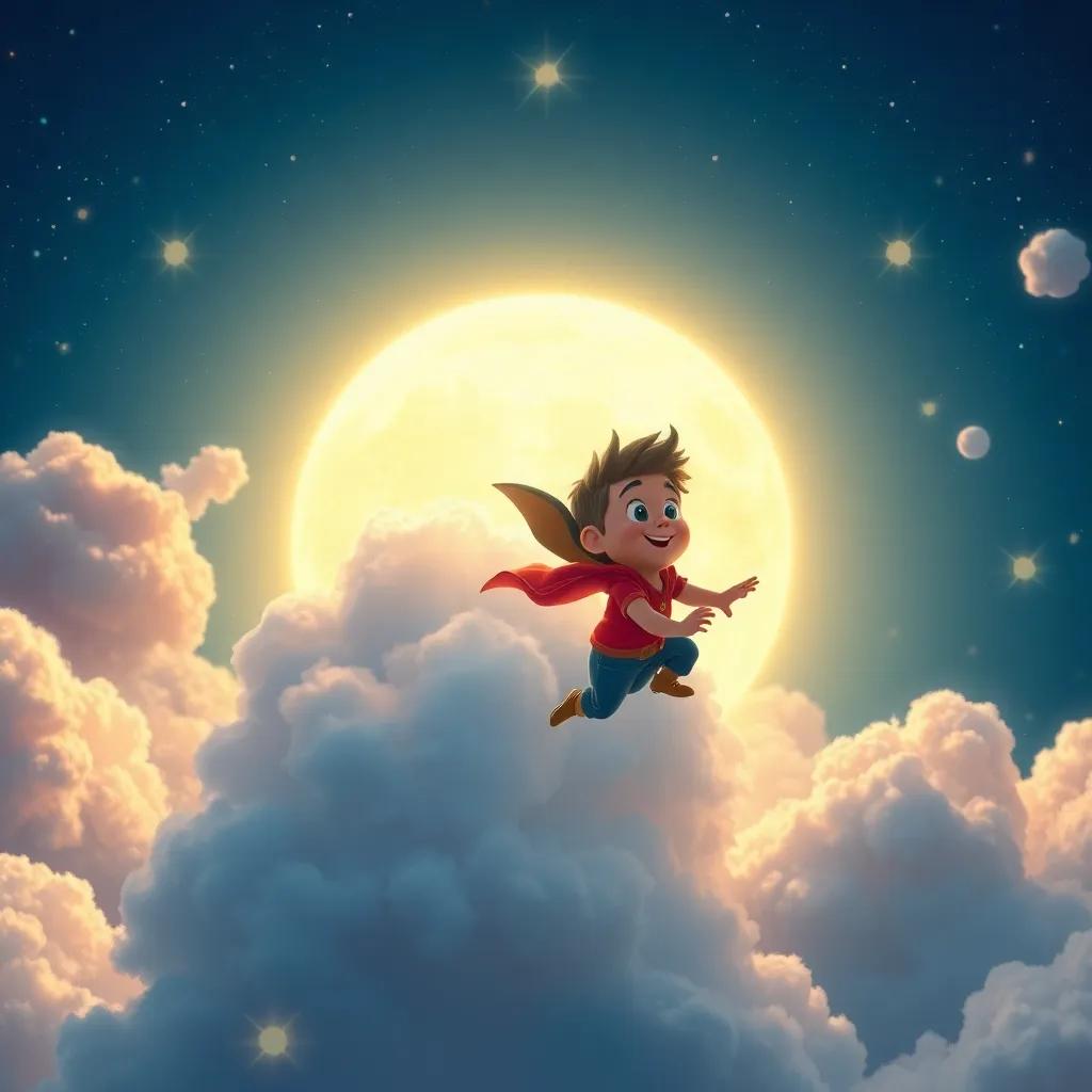 Santiago y Tico volando en un cielo estrellado junto a nubes de colores, llenos de alegría y asombro, digital painting, iluminado por la luz de la luna, mágico