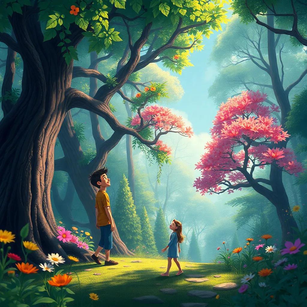 Un bosque encantado con árboles gigantes y flores que hablan, Santiago y Tico riendo juntos, digital art, colorido y mágico, vibrante