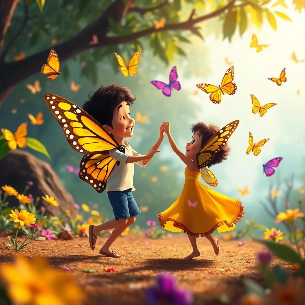 Mariposas coloridas danzando en un bosque, Santiago y Tico disfrutando de una fiesta de baile en el aire, digital art, alegre, con un aire de fiesta, niños felices