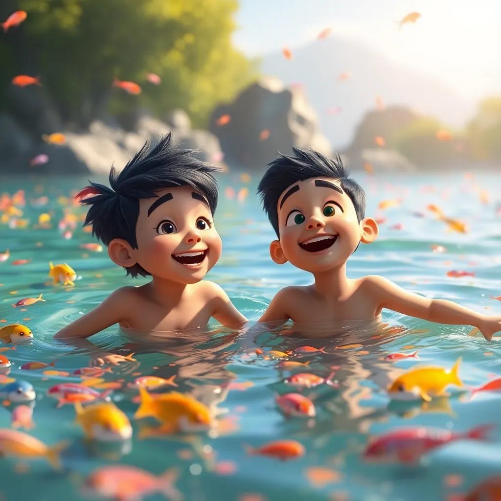 Santiago y Tico nadando en un río brillante lleno de peces de colores, riendo y jugando en el agua, digital art, refrescante, alegre