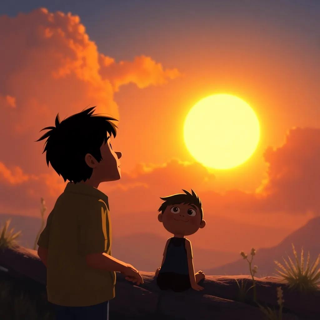 El sol saliendo en el mundo de los sueños, Santiago y Tico mirando hacia el cielo, llenos de esperanza, digital painting, cálido y nostálgico
