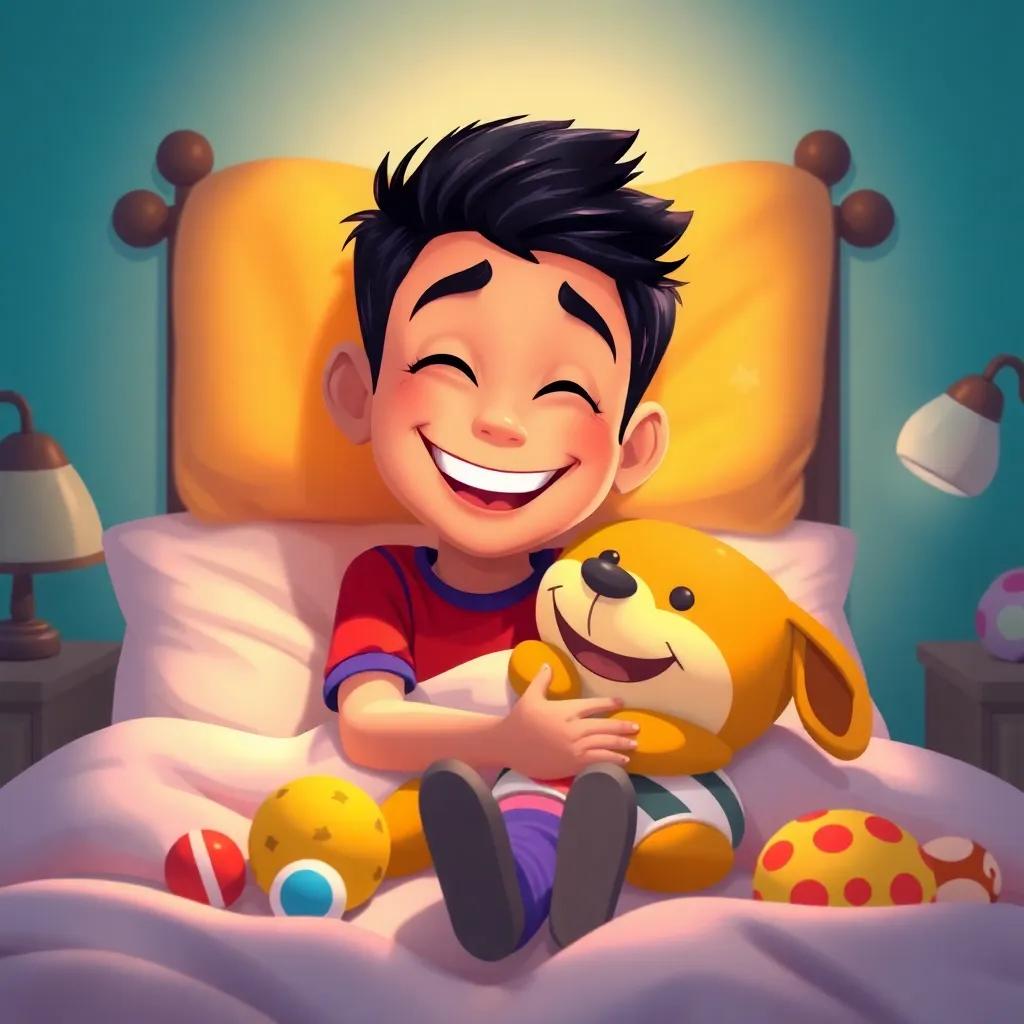 Santiago despertando en su cama con una gran sonrisa, abrazando a Tico, un cuarto lleno de juguetes, digital art, alegre, acogedor y brillante