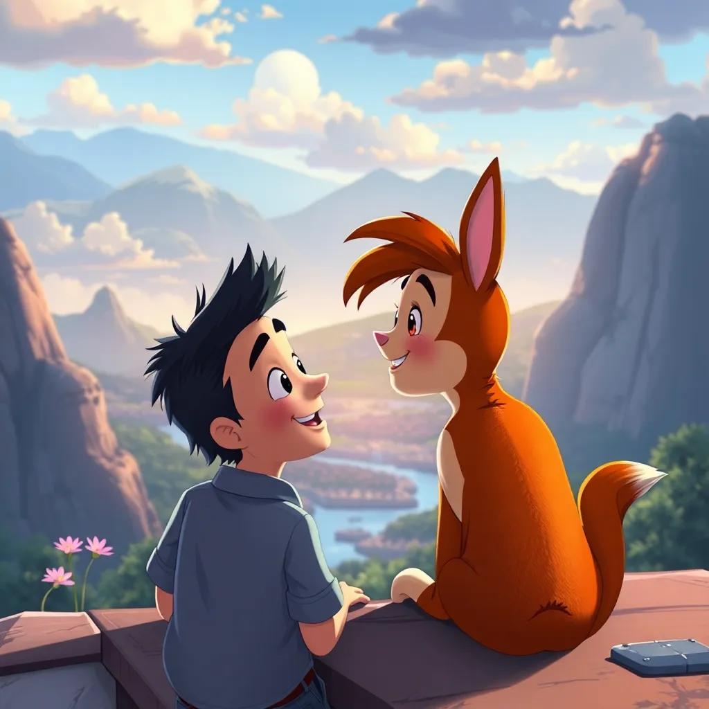 Santiago y Tico juntos, felices y sonriendo, mirando un hermoso paisaje de ensueño, digital painting, romántico y evocador