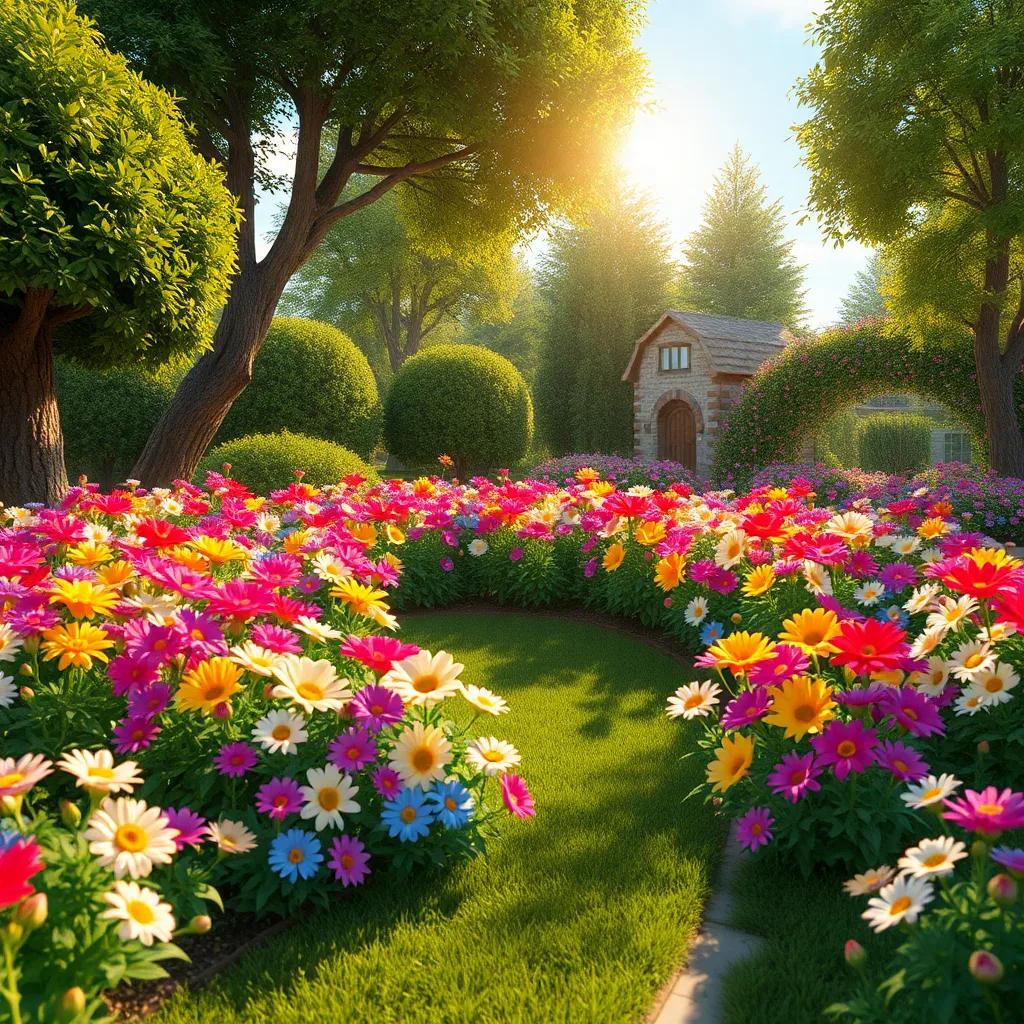 Un pequeño jardín mágico con flores de muchos colores brillando bajo el sol, rodeado de arbustos verdes y árboles altos, un lugar encantador, vibrante y acogedor, arte digital, nítido, alegre, estilizado