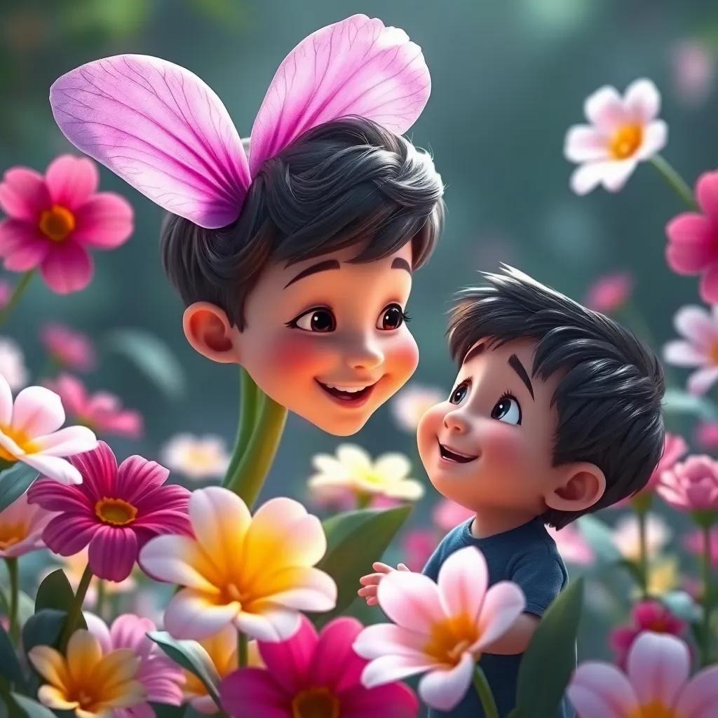 Una flor violeta feliz hablando con Lucas, el niño tiene una gran sonrisa, rodeado de flores de varios colores que parecen animadas, escena mágica, cálida, infantil, arte digital, encantador