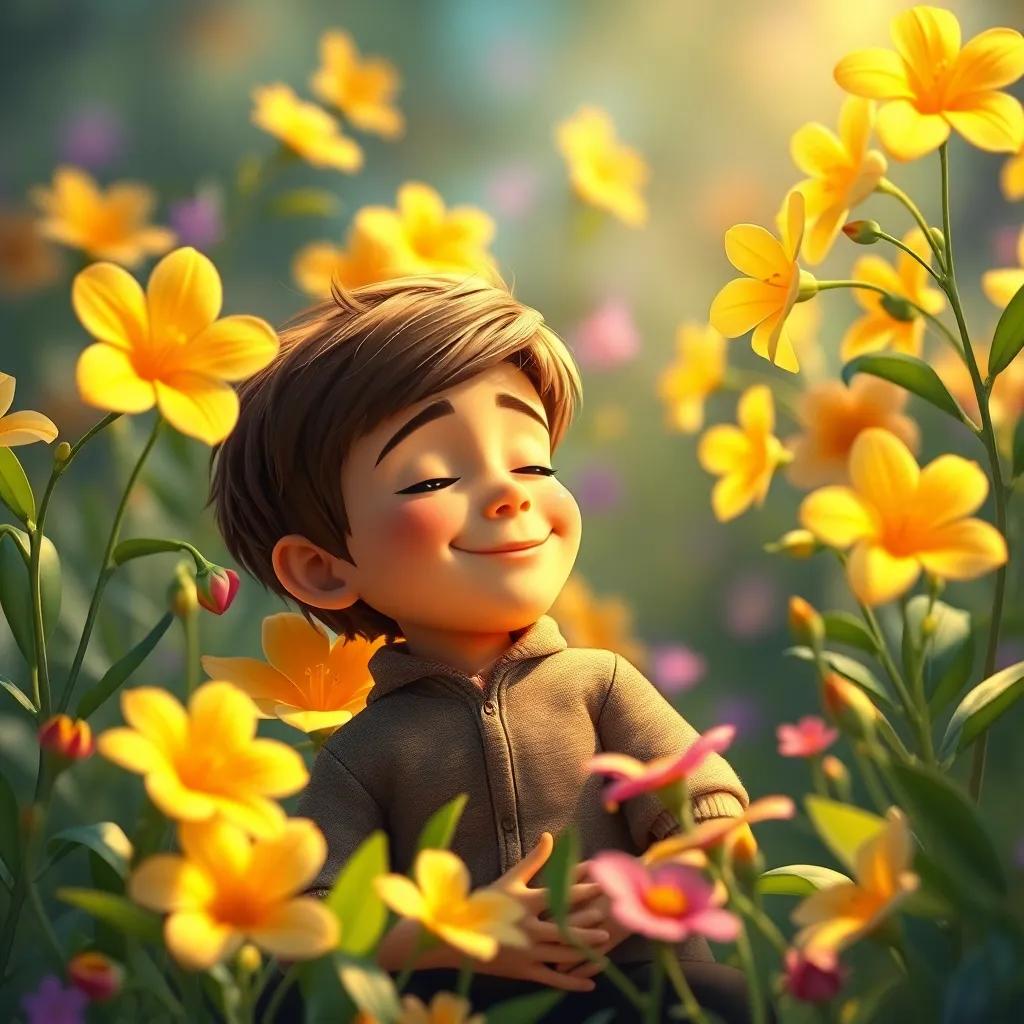 Lucas sonriendo mientras las flores lo rodean, él se siente especial, flores que le hablan y se ríen juntos, ambiente alegre, mágico y colorido, arte digital, fresco, encantador