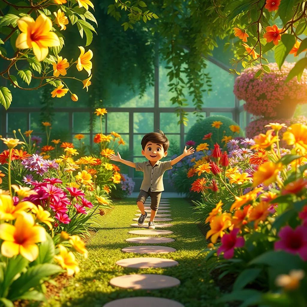 El jardín lleno de flores que han crecido, colores brillantes que resaltan, Lucas danzando feliz entre las plantas, ambiente alegre y mágico, arte digital, cálido, encantador