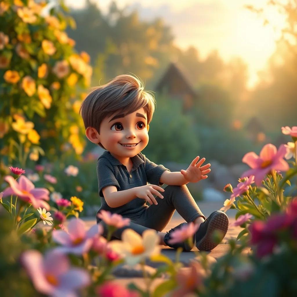 Lucas jugando en el jardín mágico, flores riendo y disfrutando, un atardecer brillante, ambiente mágico y de amistad, arte digital, ligero, vibrante