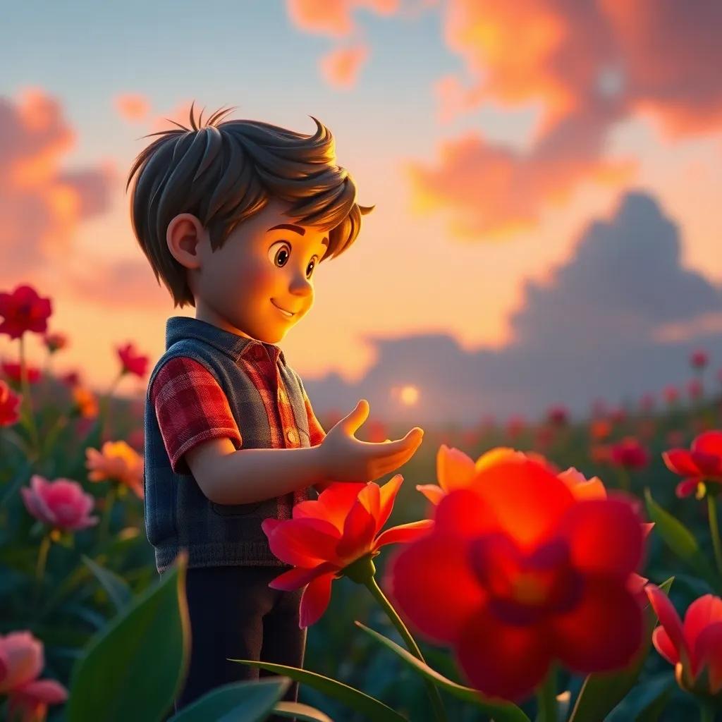 Lucas haciendo una promesa a las flores, escena al atardecer, flores sonriendo con colores cálidos, arte digital, esperanzador, encantador
