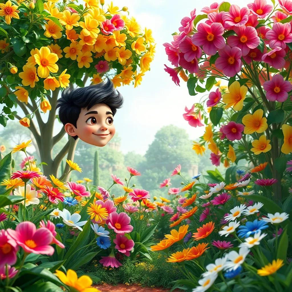 Un panorama del jardín mágico, lleno de colores vivos y flores alegres, Lucas feliz entre ellas, un lugar de risas y amor, arte digital, nítido, mágico