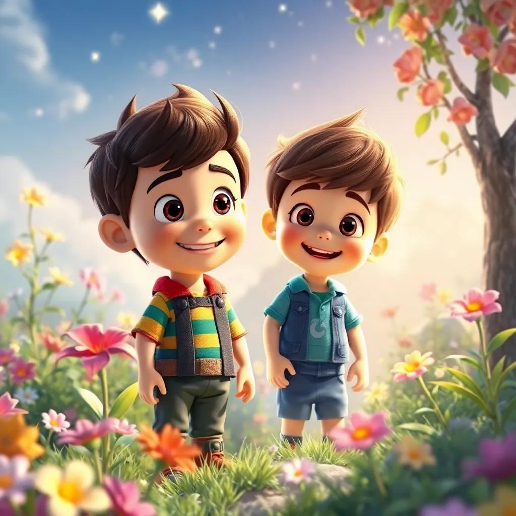 Lucas y el jardín mágico viviendo felices, flores brillantes y un cielo soleado, un lugar lleno de amistad y sueños, arte digital, claro, vivido