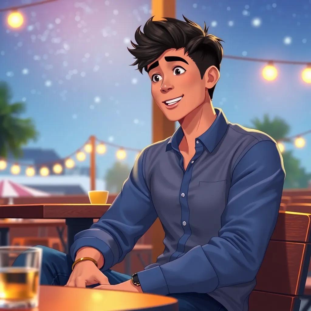 A handsome young man, Amil, with short black hair, wearing a smart blue shirt and jeans, sitting at a cozy outdoor café under a starry sky, with a twinkling background, talking excitedly to Daly, digital art, vivid colors, warm atmosphere, high quality