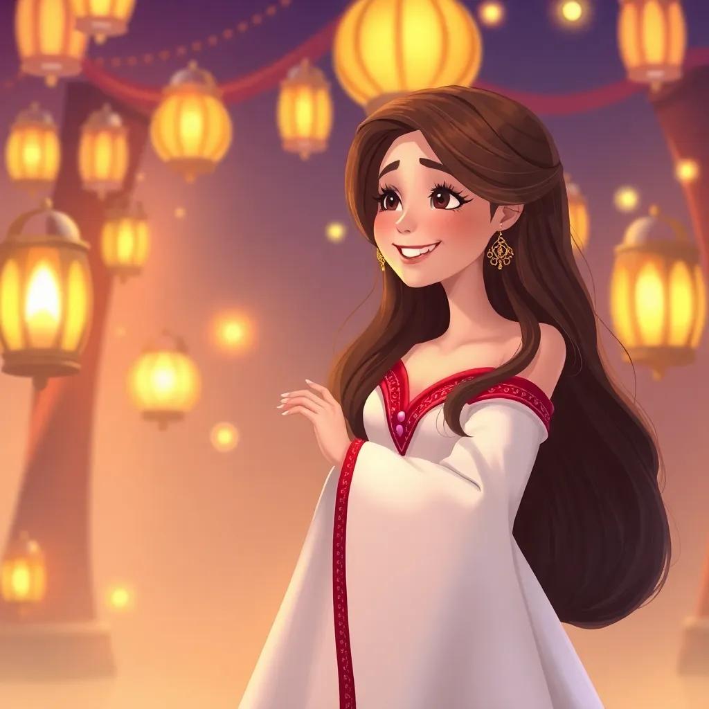 A noble woman, Daly, with long brown hair, wearing a flowing white dress, smiling at Amil with bright eyes, surrounded by lanterns and soft lights, conveying affection and warmth, illustration, cheerful, romantic ambiance, child-friendly