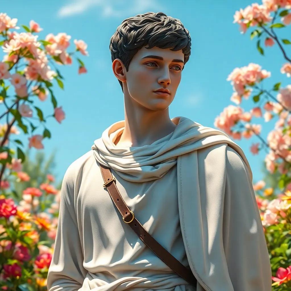 A young nobleman, Calisto, with short dark hair, wearing a noble outfit with a cape, standing in a lush garden filled with blooming flowers, under a bright blue sky, digital art, detailed, vibrant colors, romantic atmosphere, high quality